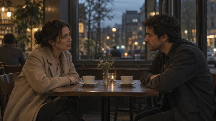 Two people having a quiet conversation in a café at dusk